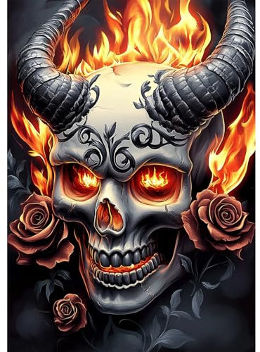 Bowetile 5D Diamond Painting Bilder Totenkopf, Flamme Diamond Painting Set für Erwachsene und Kinder, Komplettes DIY Rose Diamond Art Malen Stickset für Kreuzstichbilder, Wohnkultur 30x40 cm