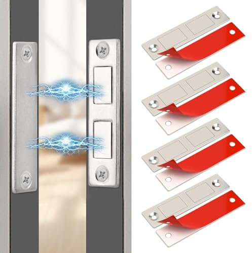 4pcs Magnetic Door Catch, Cupboard Door Magnets, Stainless Steel Magnetic Cabinet Latches, Self Adhesive Magnetic Strip Cabinet Door Magnets for Wardrobe Closet Door Closing