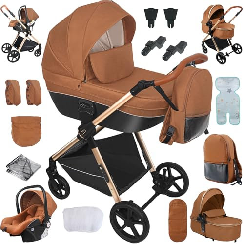 NADDLILY Kinderwagen 4 in 1, Buggy mit Umkehrbarem Zwei-Wege-Schub, Kombikinderwagen mit Faltbarem Tragbarem One-Click-Design, Kinderwagen 4 in 1 Komplettset mit Zubehör (H2 Caramel)