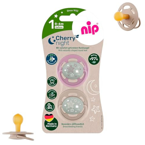 NIP Cherry Rundsauger Schnuller Leuchtschnuller, CHERRY NIGHT 0-6 Monate, ab Geburt 0+ Monate, leuchtet im Dunkeln, NACHHALTIG, 2er Pack, STILLFREUNDLICH