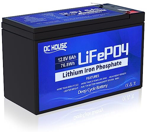 Batteria al litio DC HOUSE 12V 6Ah, batteria ricaricabile LiFePO4 con cicli profondi 3000+ volte e protezione BMS per Fish Finder, ruote elettriche, scooter, luce, auto per bambini, UPS