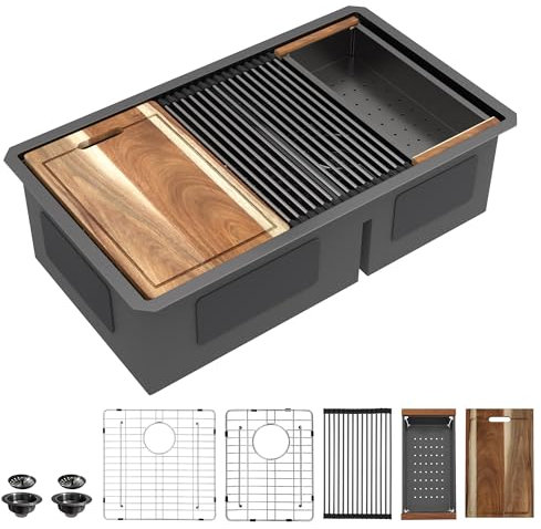 Fulorni 33x19 Undermount Double Bowl Kitchen Sink Workstation - Gunmetal Black NANO-PVD, 16 Gauge 304 Stainless Steel, Under Counter Low Divide 60/40 Split Basin for Kitchen