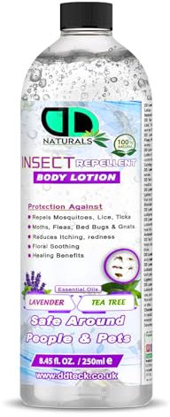 DD Teck Natural Insect Repellent Lotion – Lavender & Tea Tree Oils – Plant-Based, DEET-Free Protection from Midges, Mosquitoes & Fleas – Safe for Family, Pets & Everyday Use (250ml Cap)