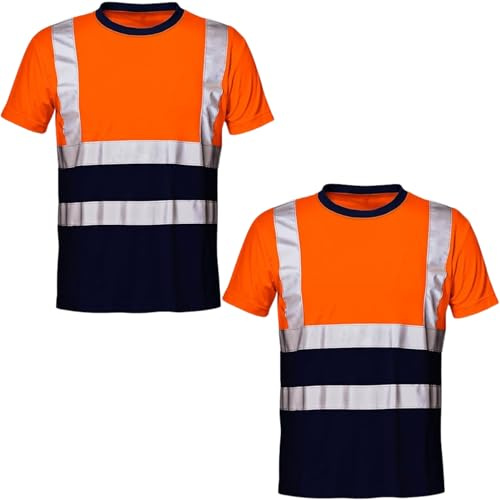 NIYS Pack of 2 Hi Vis Safety T-Shirt for Men – High Visibility Short Sleeve Work Shirt with Reflective Tape – Lightweight, Breathable Workwear – Yellow/Orange/Navy, S-3XL (Orange Navy, Medium)