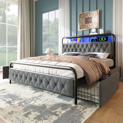 Oxtao Polsterbett 160x200 mit LED und USB, Doppelbett mit 4 Stauraum Schubladen, Polster Kopfteil mit Regal, Stauraumbett Metallbett Jugendbett Bettgestell, Samtstoff (Grau, Ohne Matratze, 160x200CM)