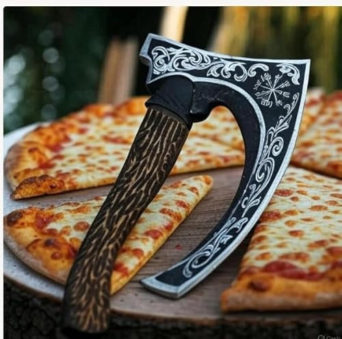 Handmade Viking Pizza Cutter Axe Carbon Steel Slicer Chef Handmade Viking Axe with Leather Cover - Premium Pizza Oven Accessories Ulu Rocking Pizza Gifts for Men (Engraved Ash-Wood Handle