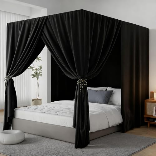 YRDKB Black Canopy Bed Curtains - 4 Corner Post Bed Curtains Full Lightproof Siamesed Drapes Bed Canopy for Adults & Girls Bedroom Decoration(Black,Full)