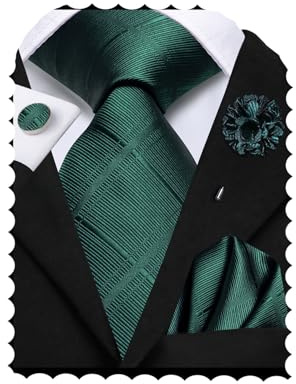 Hi-Tie Herren-Krawatte und Einstecktuch, Manschettenknöpfe, Reversnadel-Set, formelle Business-Krawatte in Waldgrün