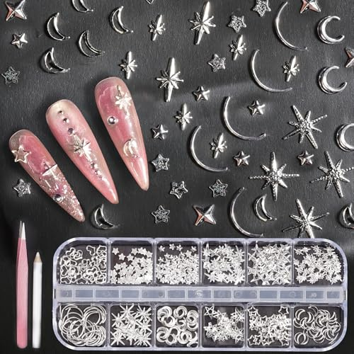 Silver Nail Charms with Star and Moon Shapes (12 Grids) - Metal Charms Kit with Tweezers & Pick-Up Pencil, Star Nail Charms, Moon Charms, Aesthetic Nail Gemstones for DIY Manicure Kit for
