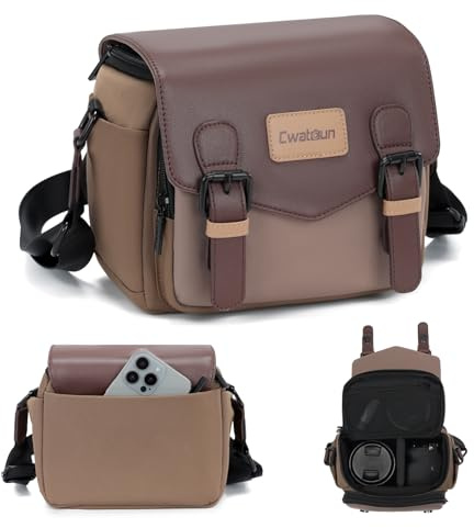 Cwatcun Camera Shoulder Bag Compact Camera Case, Waterproof Camera Messenger Bag with Tripod Holder, Travel Photography Bag for Canon Nikon Sony Fuji DSLR SLR Mirrorless Camera, Lens, Brown S