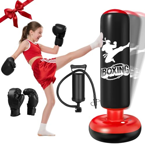 Punching Bag for Kids Ninonly 160cm Inflatable Kids Punching Bag with Boxing Gloves Stable Free Standing Punch Bag for Practicing Karate, Taekwondo, MMA, Birthday Gifts for Boys & Girls Age 3-12