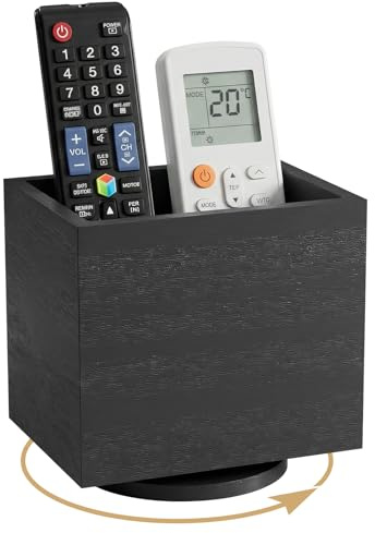VACONICO 360° Rotating Remote Control Holder, Wooden TV Remote Holder for Table, Desk Organizer Caddy Media Storage Box for Living Room, Nightstand, Couch (Black)