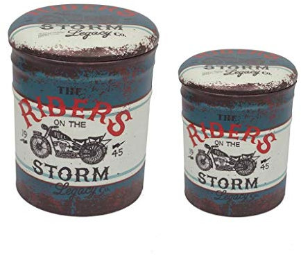 Set von 2 Pouf Behälter rund Motorrad blau Metall und Bezug aus PVC mit Druck