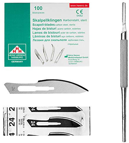 Set - 100 Stück Skalpellklingen Figur 24 aus Karbonstahl - Ersatzklingen einzeln steril verpackt + 1 x May - Skalpell-Halter mit rundem Griff - Edelstahl