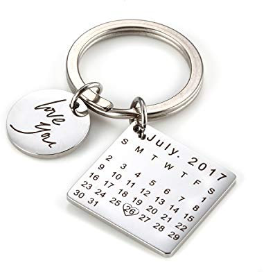 Engraving Custom Date Calendar Keychain Custom Date Pendant Key Ring for Lovers Couples Valentine's Day Birthday Anniversary Special Day Gift (Circle Silver)