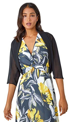 Roman Originals Chiffon Bolero Shrug Jacket for Women UK - Ladies Ruched Hem Cover Up Smart Formal Mesh Wrap Shimmer Cropped Blazer Wedding Guests Cardigan Cardi Crease Free - Black - Size 14