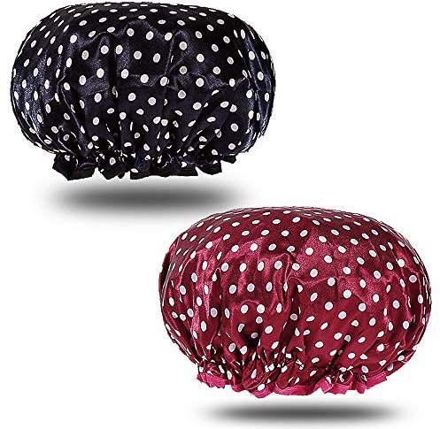 Shower Caps Reusable,2 Pack Women Bath Cap Double Layer Shower Hat Waterproof Elastic Bathing Hats for Woman Ladies Shower Spa Salon Black+Red Polka Dot
