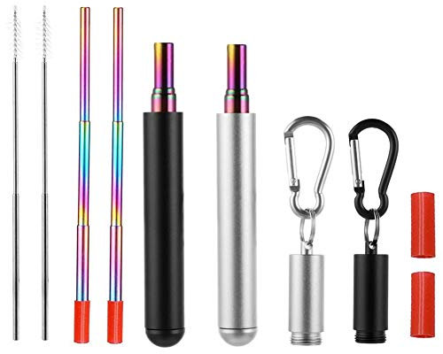 RZJZGZ 2 Pack Telescopic Reusable Straw, Collapsible Stainless Steel Straws, Portable Metal Drinking Straws with Aluminum Key-Ring Case & Cleaning Brush for Travel, Home, Work (Black and Silver)