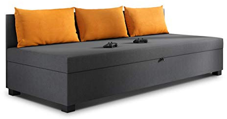 Schlafsofa Misti III - Einzelbett mit Kissen, Sofa mit Bettkasten, Bettsofa, Farbauswahl, Bettgestell, Komfortbett, Bett für Jugendzimmer, Schlafmöbel (Graphit + Orange (Lux 06 + Lux 09))