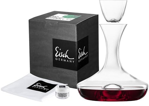 EISCH Dekantierset mit Dekantierkaraffe, Dekanter-Top, Poliertuch & Reinigungsperlen - Dekanter aus Kristallglas mit Accessoires zur einfachen Glaspflege - 750 ml