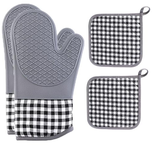 Extrem hitzebeständige Grillhandschuhe, Silikon 3 Stück Küche lange wasserdichte rutschfeste Ofenhandschuhe, Topfdeckel Grillen, Kochen, Backen (Grau)
