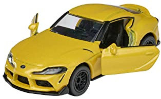 Majorette Premium Toyota Supra, Spielzeugauto, Freilauf, zu öffnende Teile, Federung, Sammelkarte, 1:64, 7,5 cm, gelb, für Kinder ab 3 Jahren