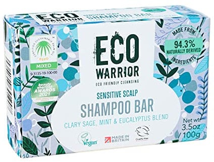 Eco Warrior Sensitive Shampoo Bar – Vegan, Cruelty Free, No SLS or Parabens, Deeply Nourishing White Clay & Clary Sage Oil, Natural Mint Plus Eucalyptus – Eco Friendly, 100g