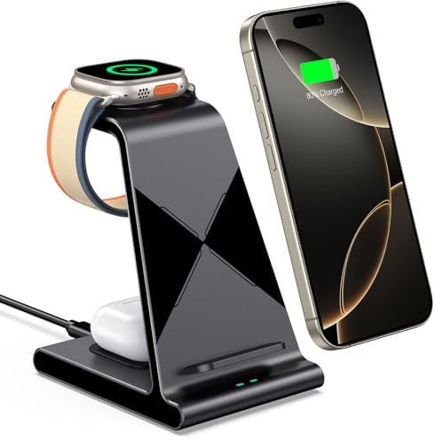 leChivée Wireless Charger, 3 in 1 Wireless Charging Station Dock for Apple iPhone 16/15/14/13/12/11/10/9/8, 15W Fast Wireless Charger Stand for Apple Watch Ultra 2/10/9/8/7/6/5/4/SE, for AirPods 4/Pro