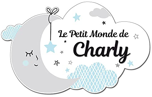 Adzif.biz Le sticker de decoration - Plaque de Porte Garçon Nuage Bleu.Verre acrylique - Chambre Enfant. Plaque Personnalisable avec Prénom avec Support en plexi et Renfort