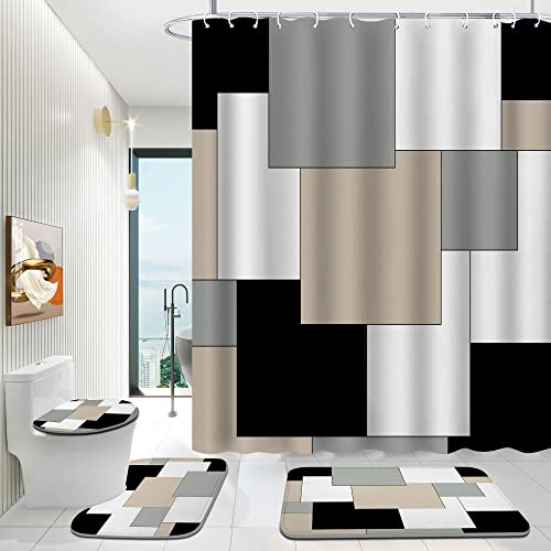 ENYORSEL Ensemble de salle de bain gris avec rideau de douche et tapis, ensemble géométrique 4 pièces, avec rideau de douche avec 12 crochets, tapis de bain, tapis de sol en forme de U, tapis ovale