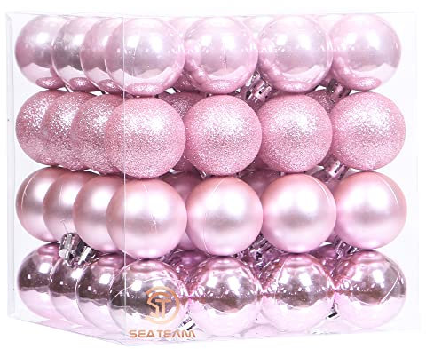 Sea Team 64-Pack Christmas Ball Ornaments with Strings, 40mm/1.57-Inch Medium Size Baubles, Shatterproof Plastic Christmas Bulbs, Hanging Decorations for Xmas Tree, Holiday, Wedding, Party, Pink