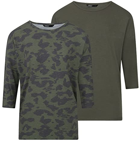 ONLY Damen Top ONLGLAMOUR 2er Pack 3/4 Ärmel Basic Shirt Rundhals | Loose Fit Langarmshirt Oberteil Muster Aufdruck Sommer Schwarz Grün Grau XS S M L XL XXL