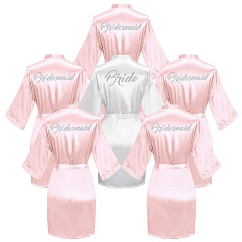 Lot de 6 peignoirs de bain pour mariée et demoiselle d'honneur avec strass, Ensemble de mariée rose, Taille unique