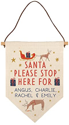 Personalised santa stop here sign | linen christmas decoration | wooden hanging ornament for children | santa please stop here sign | santa ornament decorations (Personalised)