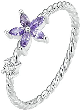 Yowablo Blumenring aus S925-Sterlingsilber, mit -Zirkon-lila Blumenring überzogen Damen Ringe Echt