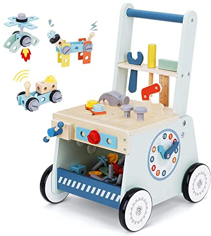 2-in-1 Wooden Baby Walker and Tool Bench with Building Play, Blue
