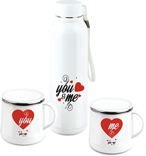 JMS we create smile 3PCS Stainless Steel Set, Thermal Flask, Table Top Coffee Set, 690 ML Vacuum Insulated Bottle with 230 ML Mugs, Travel Home Office for Christmas Birthday Gift (You & ME)