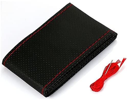 BARAC Funda Volante para Coche de Cuero Transpirable Cubierta Antideslizante Universal 38 cm con Aguja e Hilo (Negro con Hilo Rojo)