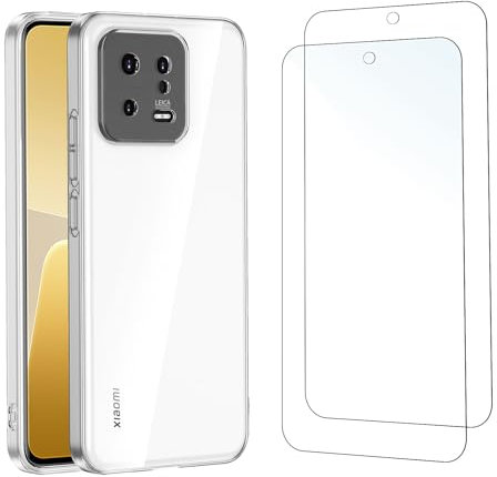 NEW'C Hülle für Xiaomi 13 (6.36) - Ultra Transparent Silikon Weiches TPU Gel und 2 × Panzer Schutz Glas für Xiaomi 13 (6.36) - Kratzfest