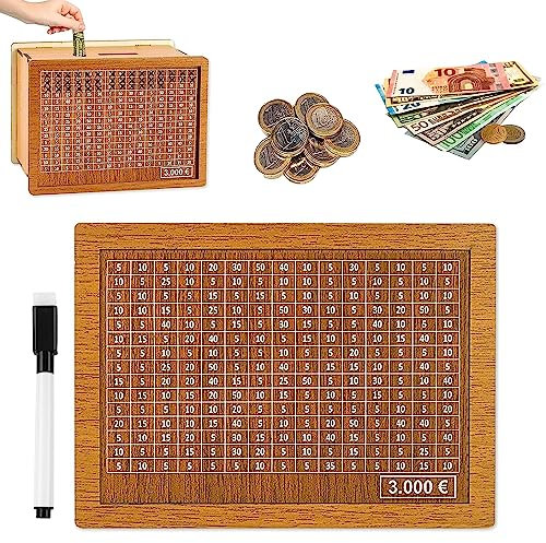 AOMAIGAD Spardose Holz, Sparschwein,Spardose mit zähler,Sparbox mit Zähler zum Ankreuzen Wiederverwendbare, Sparschwein aus Holz für Erwachsene und Kinder mit Sparziel (3000€)