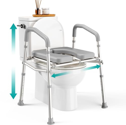 PELEGON Raised Toilet Seat with Handles (400lb) - Adjustable 3 in 1 Commode Chair for Toilet with Arms, Toilet Riser with Handles, Bedside Commode Chair, Handicap Toilet Seat for Elderly (Grey)