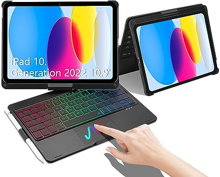 iPad 10 Generation Tastatur mit Touchpad, iPad 10 Generation Hülle mit Tastatur, 360° iPad Hülle Tastatur 7-Farbige Beleuchtung Deutsches QWERTZ-Layout für iPad 10. Gen 10,9 Zoll 2022 , Schwarz