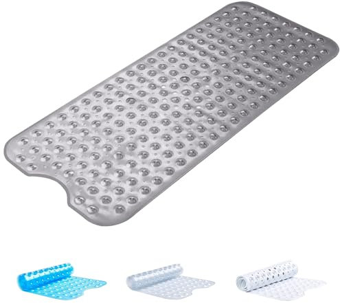 Oxford Homeware Shower Bath Mat Non Slip Anti Mould - Grey 100X40 cm Shower Mat for Bathtub and Bathroom with Drain Holes and Strong Suction Cups Machine Washable Bath Mats
