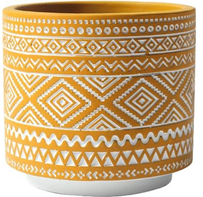 ESTINTENG Pot de fleurs en ciment respirant de style nordique bohémien avec motif géométrique pour cactus succulents d'intérieur - Jaune supérieur et inférieur blanc - 13,5 x 13,5 x 11,5 cm (sans le