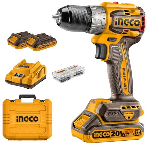 Ingco 20V Cordless Drill with Brushless Motor 20V Lithium-Ion 60Nm Drill with 2Pcs 2.0Ah Battery CDLI20602E