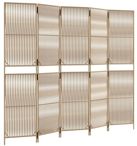 vidaXL Paravent 5-TLG., Raumteiler Linien-Webdesign Faltdesign, Trennwand Sichtschutz für Innen Außen, Spanische Wand Raumtrenner, Beige Poly Rattan