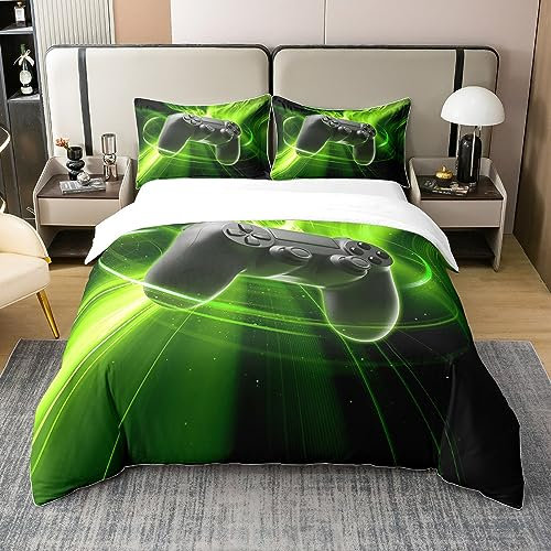 Homewish Coton Biologique, Housse de Couette Gaming 220x240 Garçons, Parure de Lit Manette de Jeux, Ensemble de Literie Aurore Verte Galaxie Fluide, Housse de Couette Joueur Jeux Vidéo