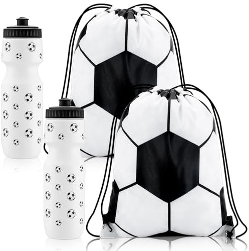Bulyoou 4 Pcs Soccer Party Favors Sports Drawstring Bag 24 oz Soccer Reusable Water Bottles Sports Water Bottle for Sporting Cycling Working Traveling Gym Outdoor
