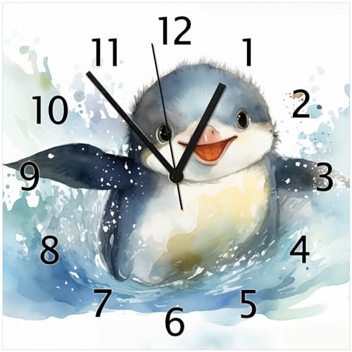 Wallario Design-Wanduhr Pinguin in Aquarell aus Glas, Motiv-Uhr Größe 30 x 30 cm, Schwarze Zeiger