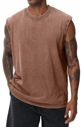 Herren Kurzarm Sommer Ärmelloses Shirt, Männer Fitness ärmellos Weste, Washed Sleeveless t-Shirt, Workout, Fitnessstudio, Baumwolle